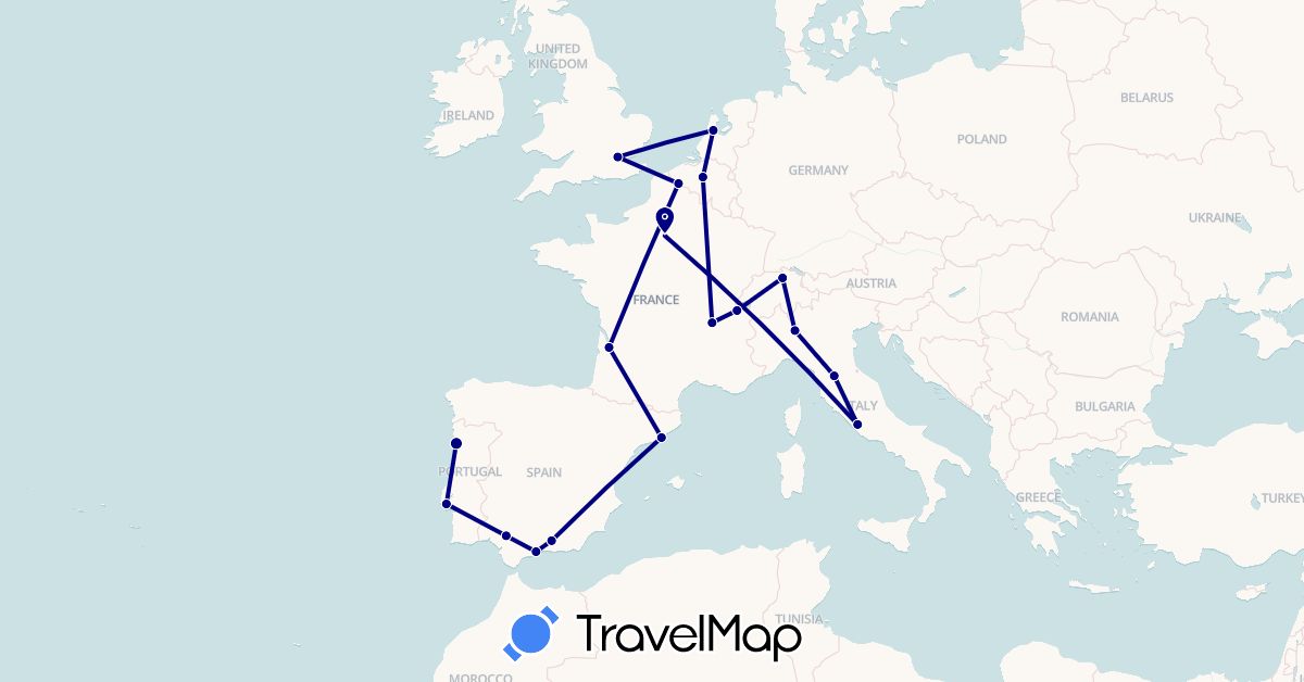 TravelMap itinerary: driving in Belgium, Switzerland, Spain, France, United Kingdom, Italy, Netherlands, Portugal (Europe)